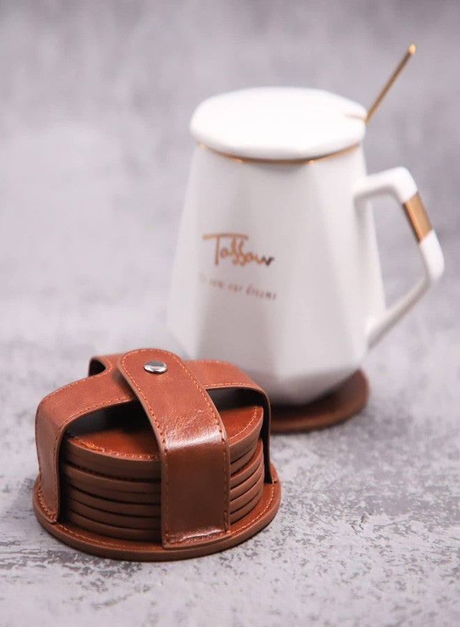 T TOSSOW TOSSOW PU Leather Coaster 8 Pcs with Holder, Durable and Non-Slip Coaster for Protection Tabletop, Wooden Table, Desk, Bar, Coasters Fit All Cups (Brown) - Image 3